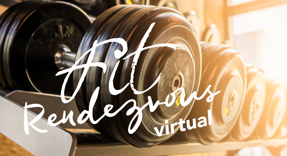 Fit Rendezvous virtual logo superimposed over a weight rack